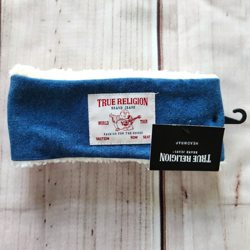 NWT True Religion "Headwrap" Denim Sherpa Headband Ear Warmer Earmuff